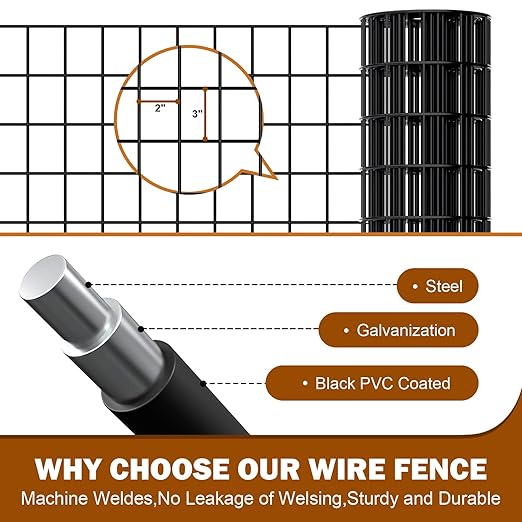 Black Chicken Wire Fencing 16 Gauge, PVC Coated Welded Mesh Fence 2" x 3" Gap, for Vegetable Garden, Yard, Little Animal Protection, Baby Care, and Pet Enclosures DIY Projects 24" x 50 ft