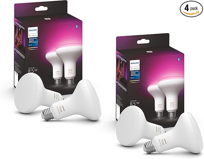 Philips Hue Smart 85W BR30 LED Bulb - White and Color Ambiance Color-Changing Light - 4 Pack - 1200LM - E26 - Indoor - Control with Hue App - Works with Alexa, Google Assistant and Apple Homekit.