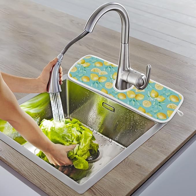 Lemon Turquoise Faucet Water Catcher Mat 2 Pack Flowers Leaves Summer Drying Mat Absorbent Bathroom Faucet Handle Drip Catcher Tray Bar RV Kitchen Sink Splash Guard 23x5 Inches