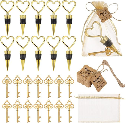 Gold Stainless Steel Love Design Wine Bottle Stoppers, Including 30 Wine Stoppers, 30 Wine Openers, 100 Tags, 100 Organza Bags, 1 Roll of Ropes, Wedding Bridal Shower Favors, Party Souvenir Gifts
