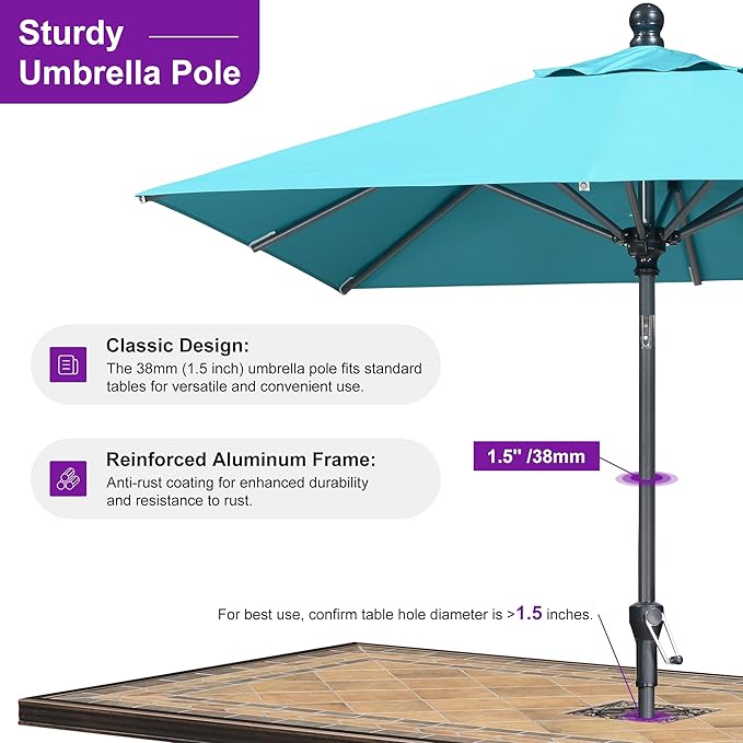 PURPLE LEAF 6' x 6' Square Patio Umbrella Outdoor Table Umbrella Aluminum Frame Market Umbrella Sun Umbrella with 8 Sturdy Ribs Tilt for Garden Deck Lawn Pool Turquoise Blue