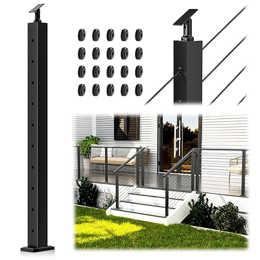 Economical 36" Stair Cable Railing Post Fit 28-38 Degree Stairway, Stainless Steel T304 Deck Post for Stair Railing System, Upgraded Black Powder Coated Wire Metal Post for Satir Indoor Outdoor