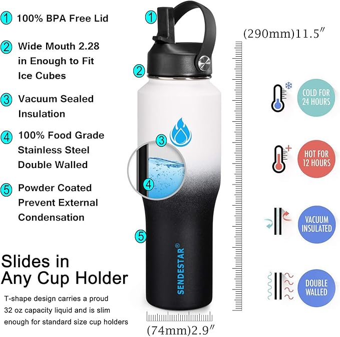 SENDESTAR Water Bottle 32oz,2 Lids(Straw lid),Wide Mouth Stainless Steel Vacuum Insulated Double Wall Keep Liquids Cold or Hot All Day,Sweat Proof Sport Design,Fit Car Cup Holder(Day&Night)