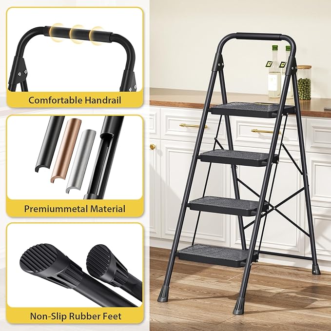 KINGRACK 4 Step Ladder, Sturdy Steel Step Stool with Anti-Slip Wide Pedals, Handrail, Safe-Lock Design, Pass 800lbs Load Testing, Folding Portable Ladder for Multi-Purpose, Home, Kitchen, Black
