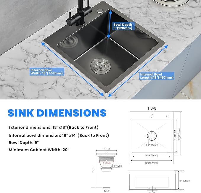 POPFLY 18×18 Inch Drop In Bar Prep Sink, 304 Stainless Steel Top mount Handmade Single Bowl Sink 9 Inche Deep Small Kitchen Sink with 2 Hole, Black