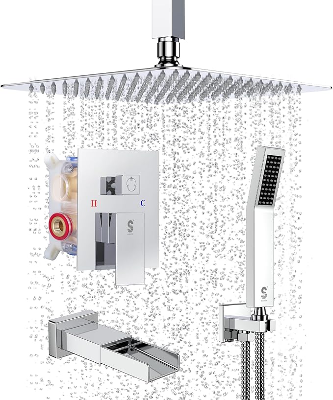SR SUN RISE 12 Inches All Metal Bathtub Faucet Set Shower System with Tub Spout Rainfall Shower Head and Handheld Combo Modern Shower Fixtures Include Valve and Trim Kit, Polished Chrome