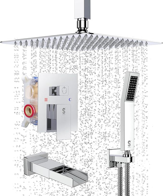 SR SUN RISE 12 Inches All Metal Bathtub Faucet Set Shower System with Tub Spout Rainfall Shower Head and Handheld Combo Modern Shower Fixtures Include Valve and Trim Kit, Polished Chrome