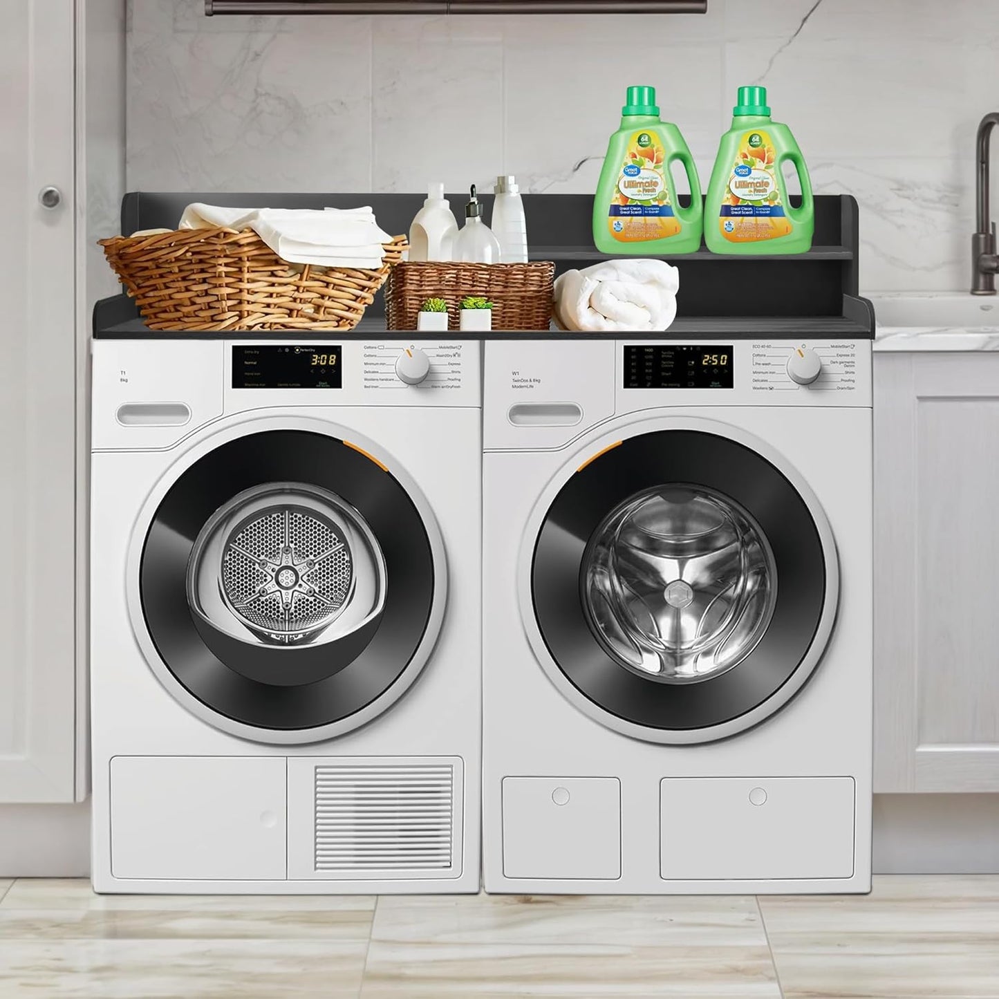 Royxen Laundry Countertop with 2-Tier Shelf Universal Fit, Washer and Dryer Countertop with Storage Space, Shelf Height 11.5 Inches, Solid Wood, Black