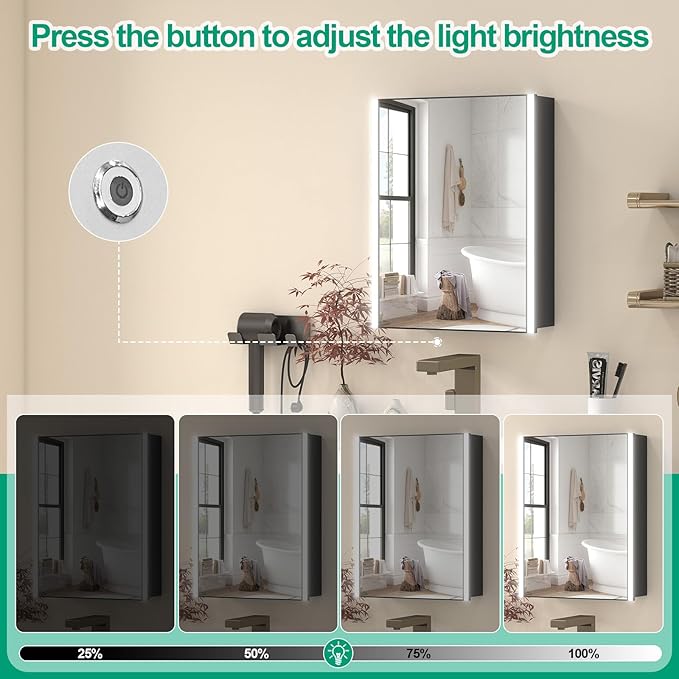 20x26 Inch Medicine Cabinet with LED Light Mirror, Brightneess Adjustable and Full-Assembled Bathroom Aluminum Cabinet with Storage, Surface or Recessed Tempered Cabinet, Farmhouse Black