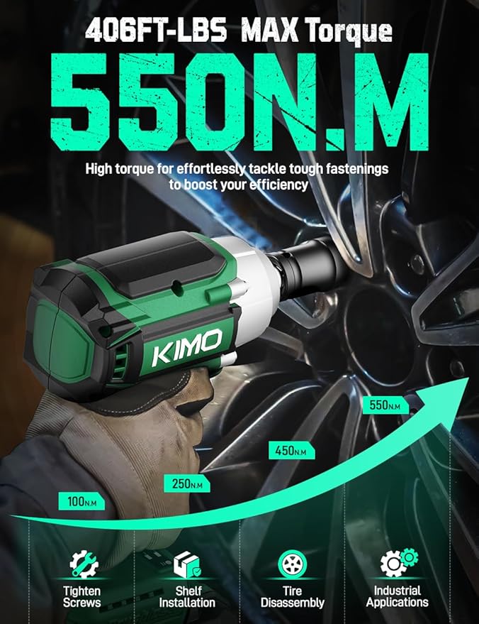 KIMO Impact Wrench 1/2, Max Torque 406ft-lbs (550N.m) & 3000RPM /Premium Brake Stop, 9-Piece Drill & Serewdriver Set, 4 Sockets, Cordless Impact Wrench with 2x4.0Ah Battery, Impact Driver for CarTires