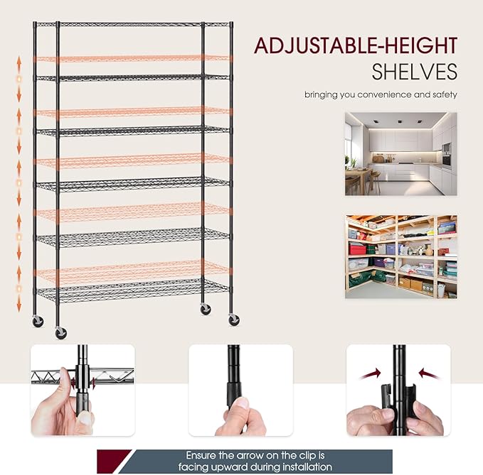 BestOffice | 6-Tier Wire Storage Shelves with Wheels | 48x18x77 | Black | Adjustable Racks | Heavy-Duty Metal Shelf, Holds Upto 600 lbs | No-Tool Assembly | Ideal for Home & Garage Shelving