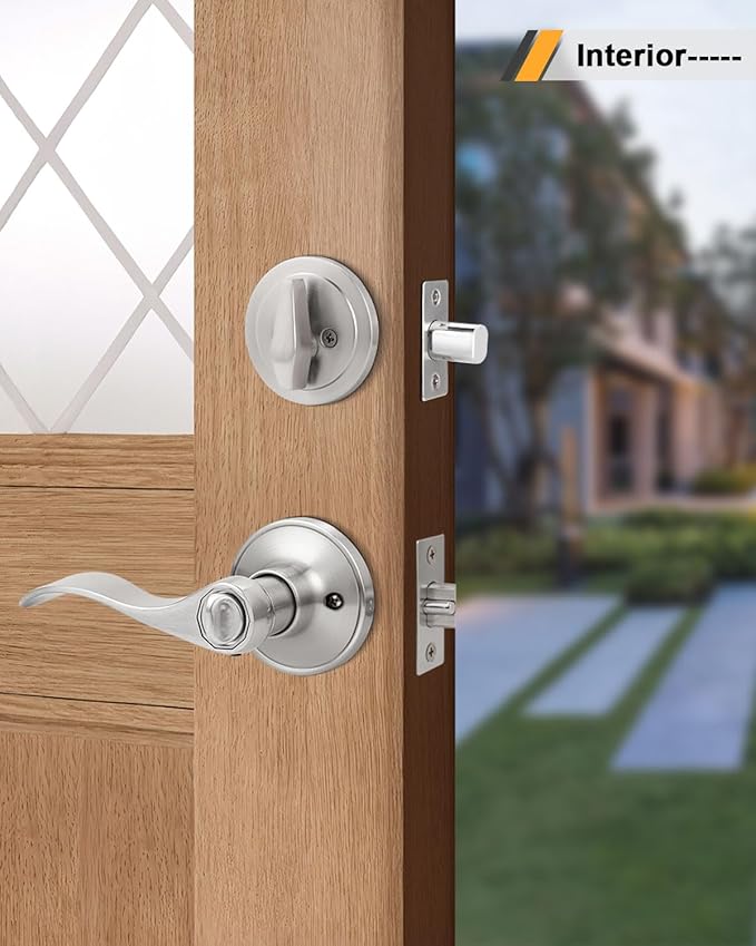 Keyd Alike Entry Door Handle and Single Cylinder Deadbolt Combo Locksets in Satin Nickel, Wave Style Lever with Lock and Deadbolt, for Exterior/Front Doors,5Pack