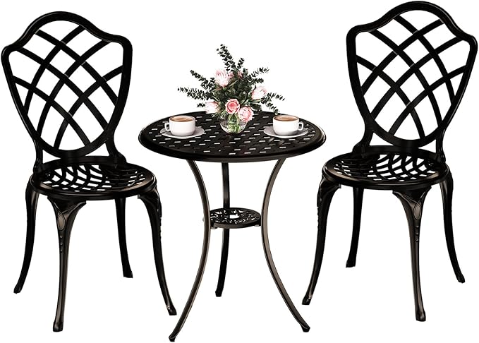 3 Piece Patio Bistro Set, Outdoor Bistro Table and Chairs Set of 2 w/Umbrella Hole, Rust-Resistant Cast Aluminum Bistro Set for Garden/Balcony/Backyard, Bronze
