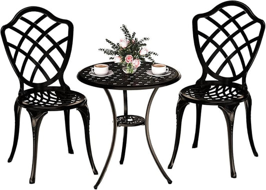 3 Piece Patio Bistro Set, Outdoor Bistro Table and Chairs Set of 2 w/Umbrella Hole, Rust-Resistant Cast Aluminum Bistro Set for Garden/Balcony/Backyard, Bronze