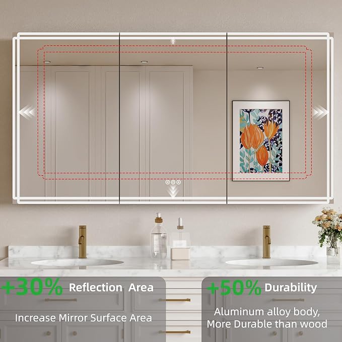 Buruis 60'' x 32'' Medicine Cabinet with Lights and Mirrors, Recessed or Wall Mounted Modern Bathroom Cabinet with 3-Mode Light, Anti-Fog, Dimmable, Memory Function, Outlet, Silver