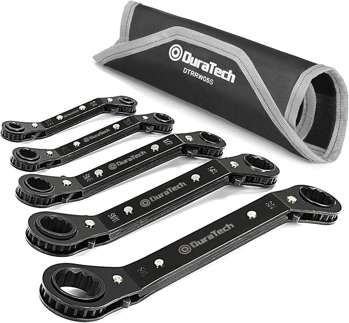 DURATECH 5 Pc Double Offset Box End Reversible Ratcheting Wrench Set, SAE, Heavy-duty, Matte Chrome Plated, Ratchet Spanner Crooked for Narrow Spaces (1/4-7/8 inch)