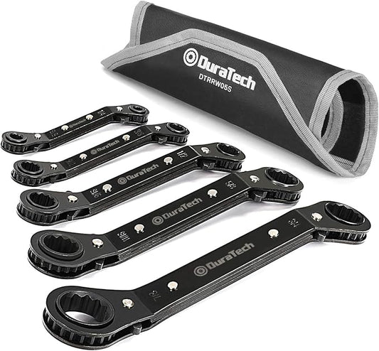 DURATECH 5 Pc Double Offset Box End Reversible Ratcheting Wrench Set, SAE, Heavy-duty, Matte Chrome Plated, Ratchet Spanner Crooked for Narrow Spaces (1/4-7/8 inch)