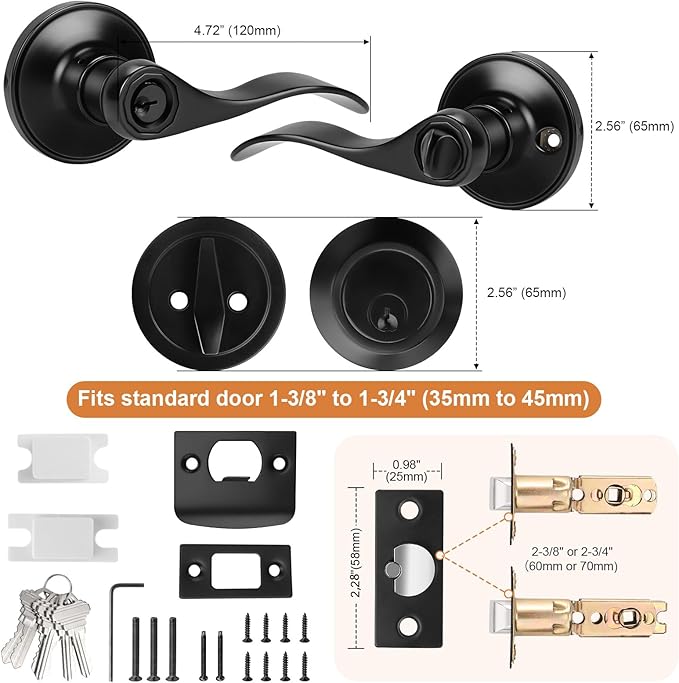 Probrico Front Door Entry Lever Lockset, Single Cylinder Deadbolt Combination Set, Flat Black Finish Keyed Alike Combo, Reversible for Right and Left Side 4Pack