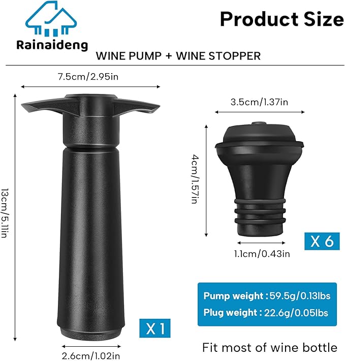 Wine Saver Pump with 6 Vacuum Stoppers，Wine Stopper, Wine Preserver, Wine Pump and Wine Vacuum Stopper are Black，Reusable Bottle Sealer Keeps Wine Fresh, Ideal Wine Accessories Gift