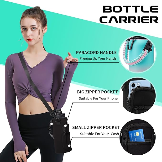 40 oz Insulated Water Bottle - Stainless Steel Water Bottles with Straw & Spout Lids, Paracord Handle, Carrier Bag with Strap, Protective Cup Mat, Keep Cold-48H & Hot-12H Metal Water Flask