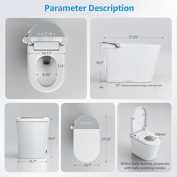 Luxury Smart Toilet with Bidet Built In, Auto Open & Close, Foot Sensor Flush, Heated Seat, Warm Water, Dryer, Tankless Dual Flush Elongated Toilet, Foam Shield, LED Night Light & Remote Control