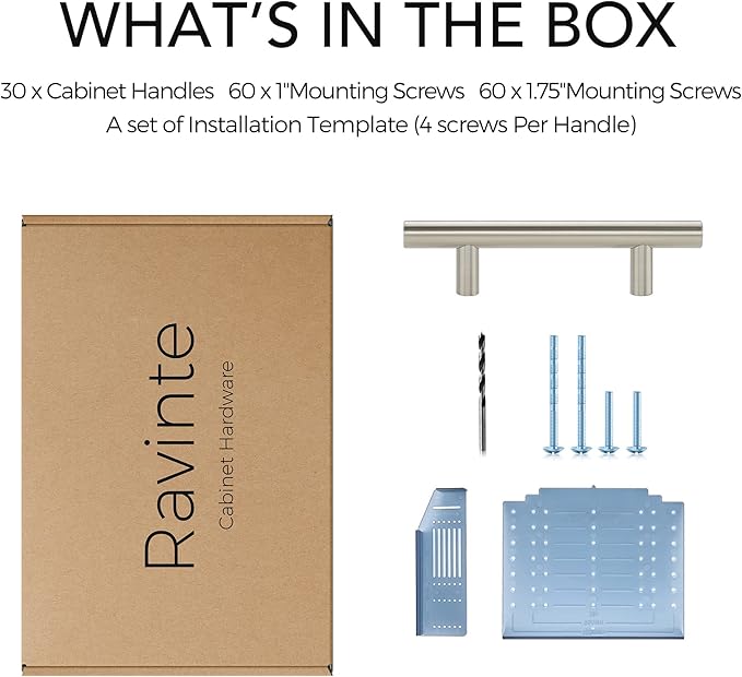 Ravinte 30 Pack | 5'' Cabinet Pulls Brushed Nickel Stainless Steel Kitchen Drawer Pulls Cabinet Handles 5”Length, 3” Hole Center with Mounting Template