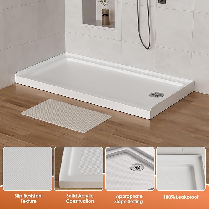 60"x 32" Shower Base, Right Drain Single Threshold Shower Pan with Slip Resistant Textured Surface, Stainless Steel Drain Cover（Right）
