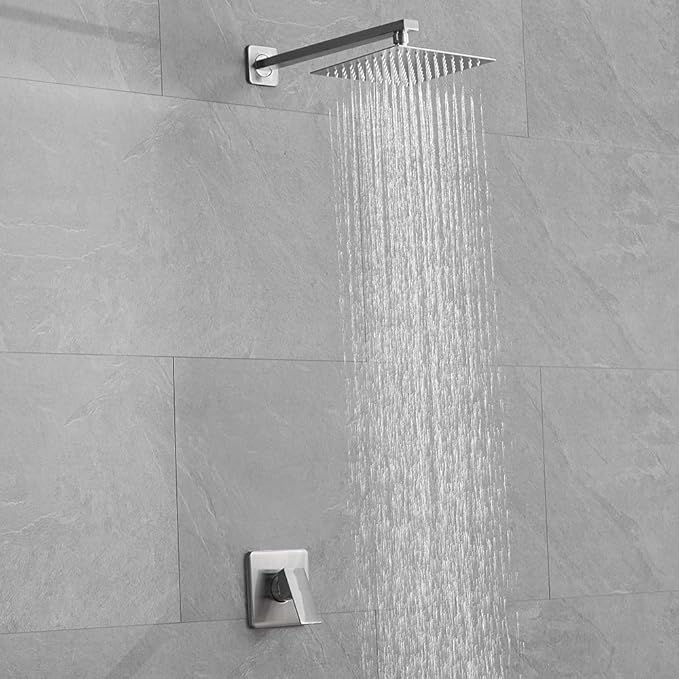 Shower Faucet Set Brushed Nickel, Single Function Shower Trim Kit with Rough-in Valve, Square Rain Shower Head System Included Extra Long Shower Arm for Bathroom