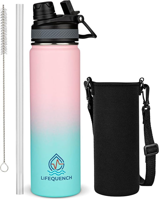 Insulated Water Bottle with Straw and Handle 22 oz-Stainless Steel Water Bottles with Straw, Dual Cap Function & Sleeve, Keeps Drinks Hot Up to 12 Hours & Cold Up to 24 Hours (Cotton Candy)