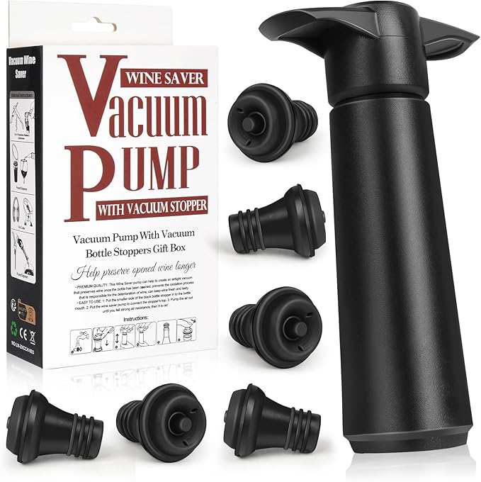 Wine Saver Pump with 6 Vacuum Stoppers，Wine Stopper, Wine Preserver, Wine Pump and Wine Vacuum Stopper are Black，Reusable Bottle Sealer Keeps Wine Fresh, Ideal Wine Accessories Gift