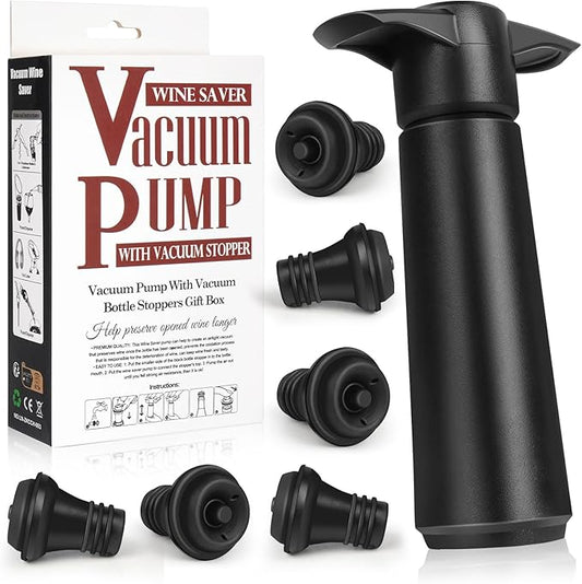 Wine Saver Pump with 6 Vacuum Stoppers，Wine Stopper, Wine Preserver, Wine Pump and Wine Vacuum Stopper are Black，Reusable Bottle Sealer Keeps Wine Fresh, Ideal Wine Accessories Gift