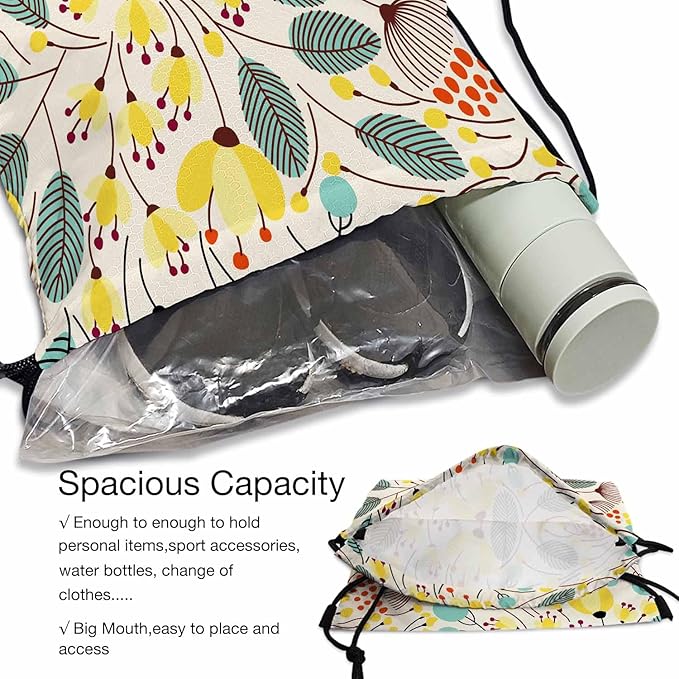 Floral Pattern Beautiful Yellow Flower Green Leaf Red Stamen Drawstring Backpack Gym Backpack Draw String Shoe Swim Back Bag for Women Men 14x16.9 Inch