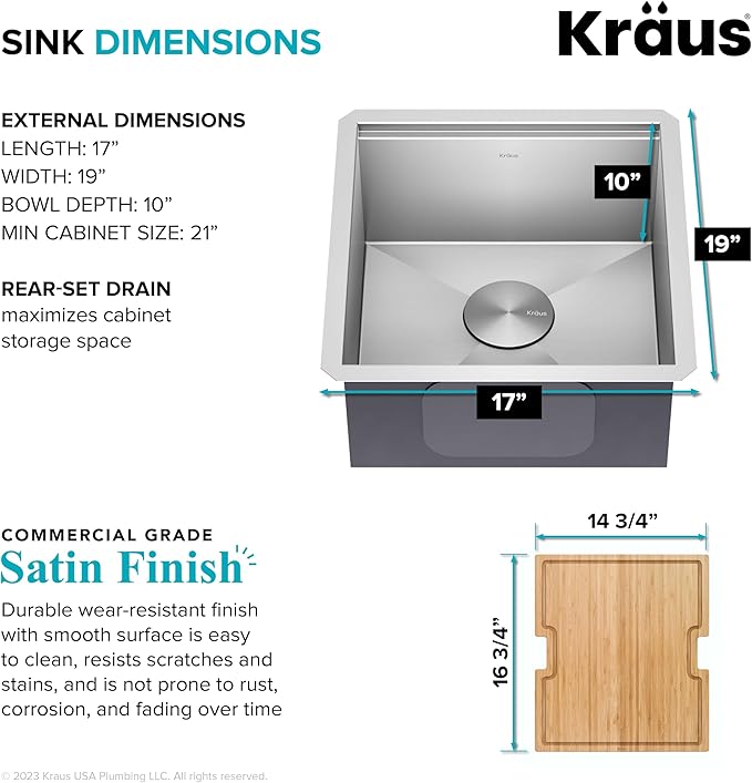 KRAUS Kore 17-Inch Undermount Workstation 16 Gauge Single Bowl Stainless Steel Bar Kitchen Sink with Accessories, KWU111-17