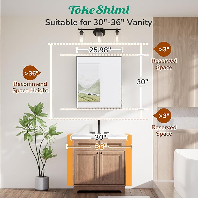 TokeShimi 26x30 Recessed Medicine Cabinet with Mirror Wall Mounted, Metal Beveled Mirror with Storage for Bathroom Vanity, Aluminum Alloy Medicine Cabinet Mirrored Black