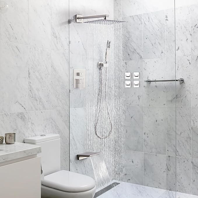 Shower Faucet Set Complete with Tub Spout Shower System Wall Mounted with 12 inch Rainfall Shower Head and Handheld Shower Rain Shower Combo for Bathroom, Brushed Nickel