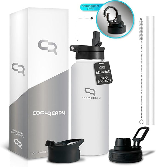 40oz Insulated White Water Bottle With Straw and Handle Lid, Thermos Coffee, Chug Lid - Double Walled Stainless Steel - Metal Water Bottle for Gym, Water Bottles Aesthetics