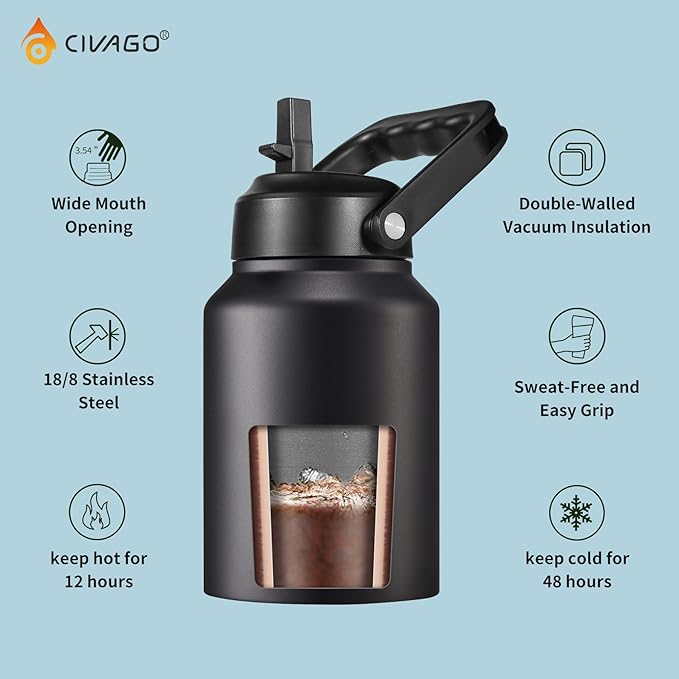 CIVAGO Half Gallon Insulated Water Bottle Jug with Straw, 64 oz Large Stainless Steel Sports Metal Water Flask with Handle, Big Thermal Water Cup Mug with 2 Lids for Camping & Fishing, Dark Rainbow