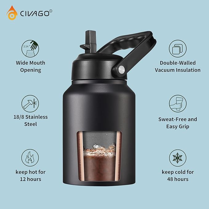 CIVAGO Half Gallon Insulated Water Bottle Jug with Straw, 64 oz Large Stainless Steel Sports Metal Water Flask with Handle, Big Thermal Water Cup Mug with 2 Lids for Camping & Fishing, Indigo Black