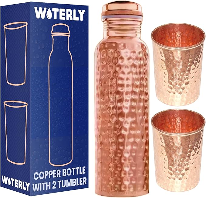 Hammered Copper Water Bottle With Set Of 2 Plain Tumbler | Premium Quality | Pure Authentic Copper Bottle (34 Oz /1000ml ) With Set 2 Copper Tumblers For Drinking