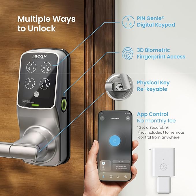 Lockly Secure Plus Bluetooth Smart Door Lock, Keyless Entry with PIN Genie® Digital Keypad, 3D Biometric Fingerprint Sensor Front Door Lock with Handle, Voice Control & Auto Lock - Latch Edition