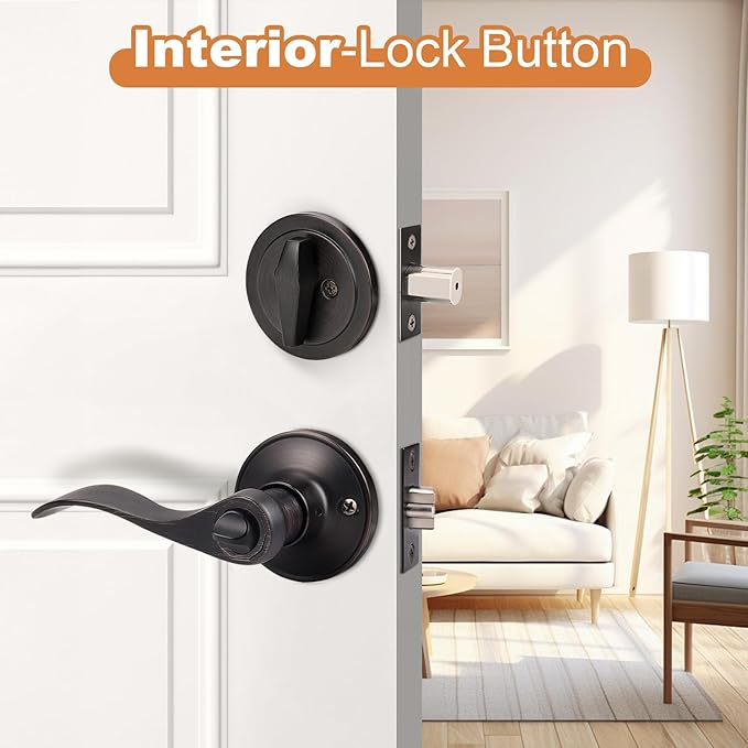 Probrico 2 Set Oil Rubbed Bronze Exterior Entry Lever and Single Cylinder Deadbolt Combo Pack, Keyed Alike Lockset Handleset for Front Door Entry Lock Set