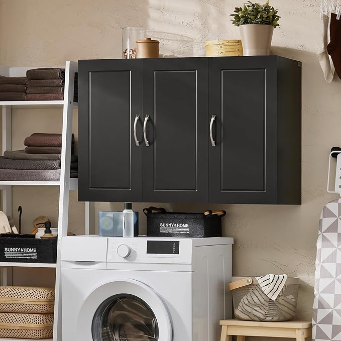 SoBuy Wall Cabinet Laundry Room, Medicine Cabinet for Bathroom Kitchen Garage, 3 Doors Wall Storage Cabinet with Adjustable Shelf, Black FRG231-L-SCH