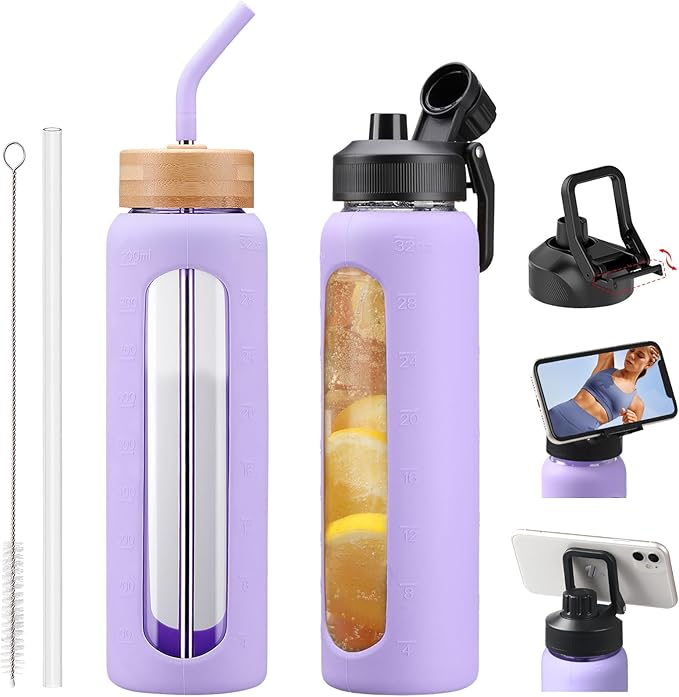 Glass Water Bottles with Straw -32oz- Water Bottle Phone Holder for Gym Large Motivational Water Bottle with Time Marker Glass Drinking Bottles 2 Lids - Spout & Bamboo Straw Lid(Purple)