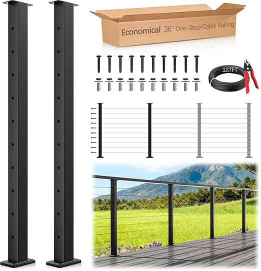 2 Pack Economical One-Stop Cable Railing Post Kits 36", Stainless Steel T304 Deck Railing System with Swageless Tensioner, Upgraded Black Powder Coated Level Drilled Post Kits with DIY Length