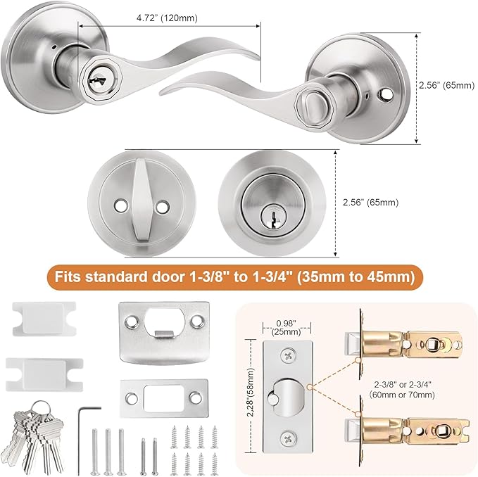 Probrico Entrance Door Lever Deadbolt Sets 3 Set Satin Nickel Exterior Entry Lever and Single Cylinder Deadbolt,Keyed Alike Combo, Keyed Handleset Lockset Exterior(for Front Door and Outside Gate)