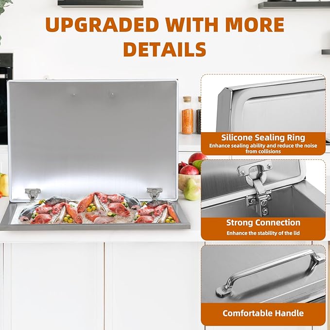 Upgraded Drop in Ice Chest, Stainless Steel Ice Cooler, Commercial Ice Bin with Cover, Outdoor Kitchen Ice Bar, Drain-Pipe and Drain Plug Included, for Cold Wine Beer