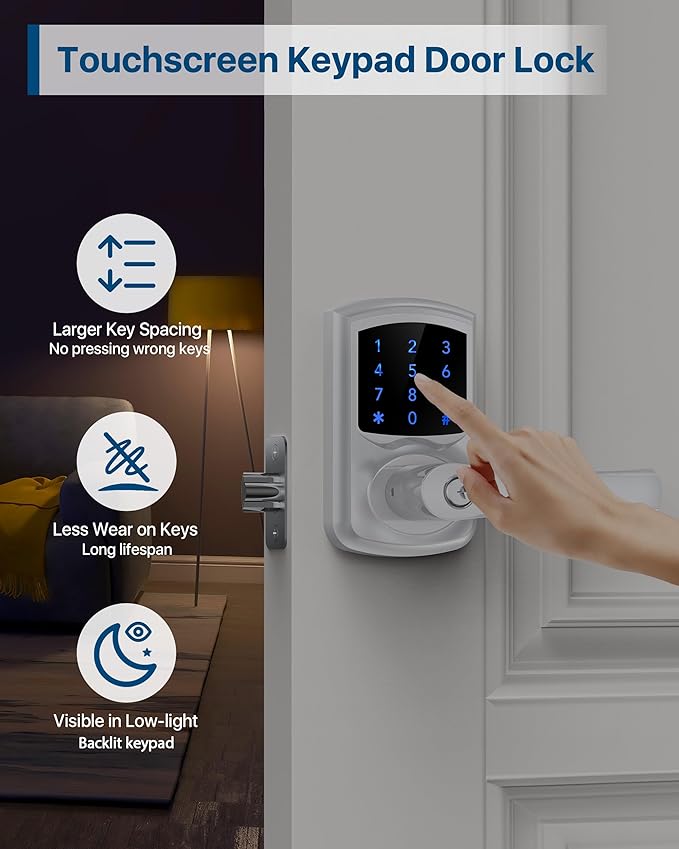 HIDALIFE Keyless Entry Door Lock with Keypad and Handle for Front Doors, Touchscreen, Anti-peep Password, Auto-Locking, Satin Chrome
