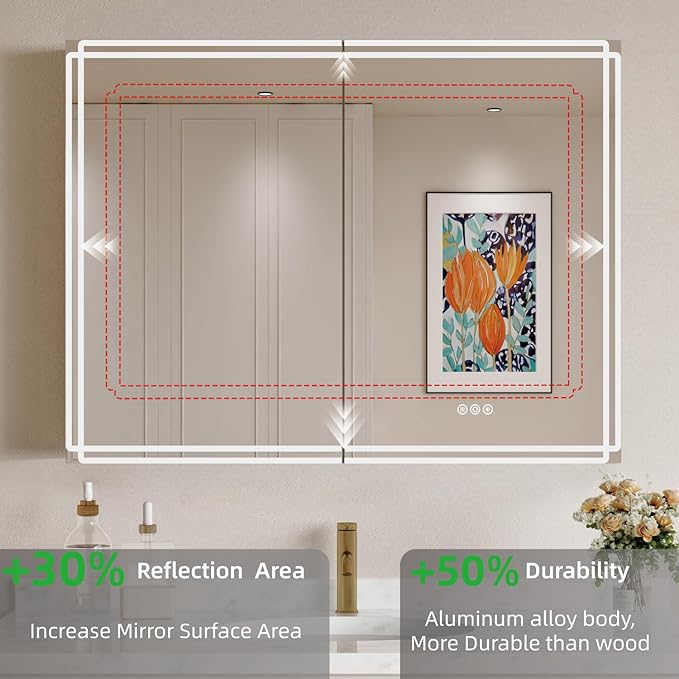 Buruis 36'' x 32'' Medicine Cabinet with Lights and Mirrors, Recessed or Wall Mounted Modern Bathroom Cabinet with 3-Mode Light, Anti-Fog, Dimmable, Memory Function, Outlet, Silver