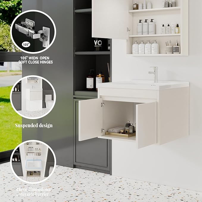 24'' Bathroom Vanity with Ceramic Sink Combo, Wall Mounted Small Bathroom Vanity with Soft-Close Door Modern Floating Cabinet, Pop-up Drain, P-Trap Included, Khaki(No Faucet)