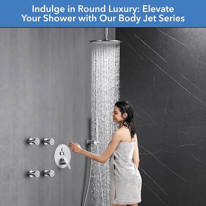 VANFOXLE Shower Faucet Set Brushed Nickel Shower System,Push Button Diverter Shower Faucet with 2 in 1 Handheld,Ceiling Mount 10 Inch Shower Head with 4 PCS Dual Modes Body Jets(2 Inch)